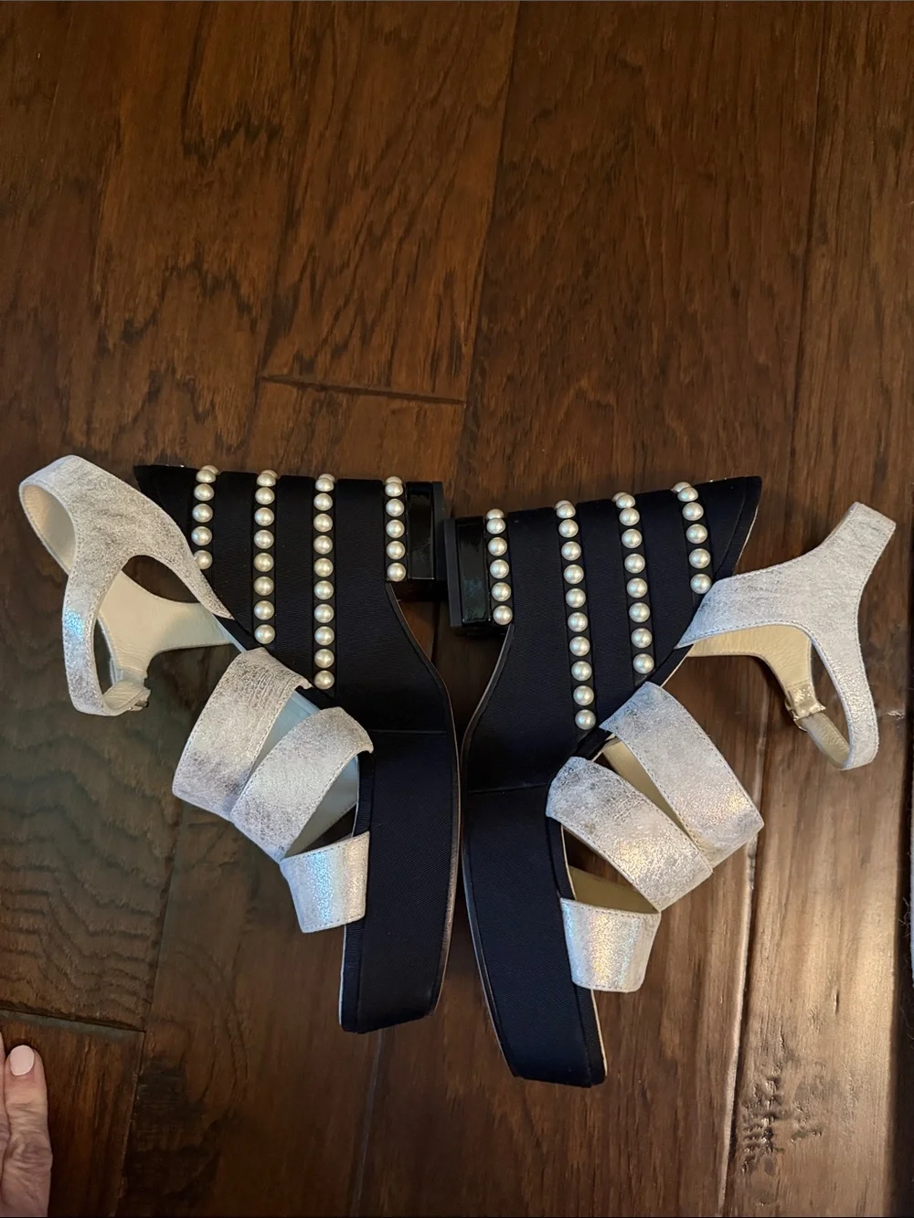 CHANEL Black Pearl-Trimmed Strappy Heel Sandals